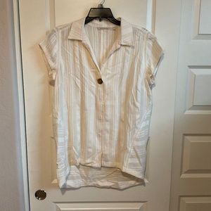 Soft Surroundings Cream/White Striped Snap Front Blouse - Size Large